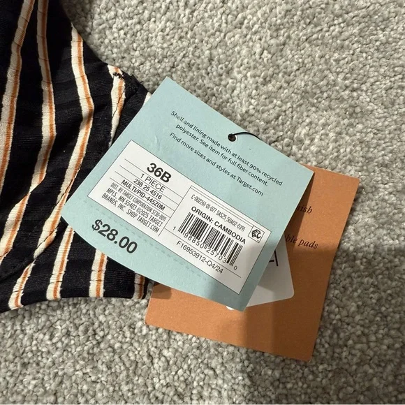 NWT Shade and Shore Striped Black, Orange, and Beige Underwire Swim Top Size 36B - Picture 5 of 7